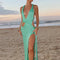 Women’s Green Knit Maxi Dress with High Slit Backless V-Neck for Summer Beach Party and Going Out